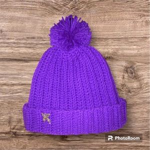 Handmade Kids size Purple beanie with butterfly accent